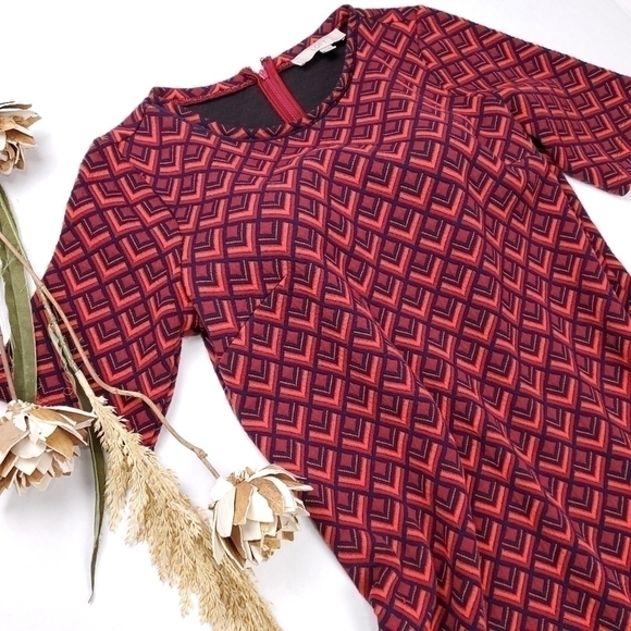 LOFT Medium Navy Red Orange Geodesic Print Dress Size M - Picture 5 of 13